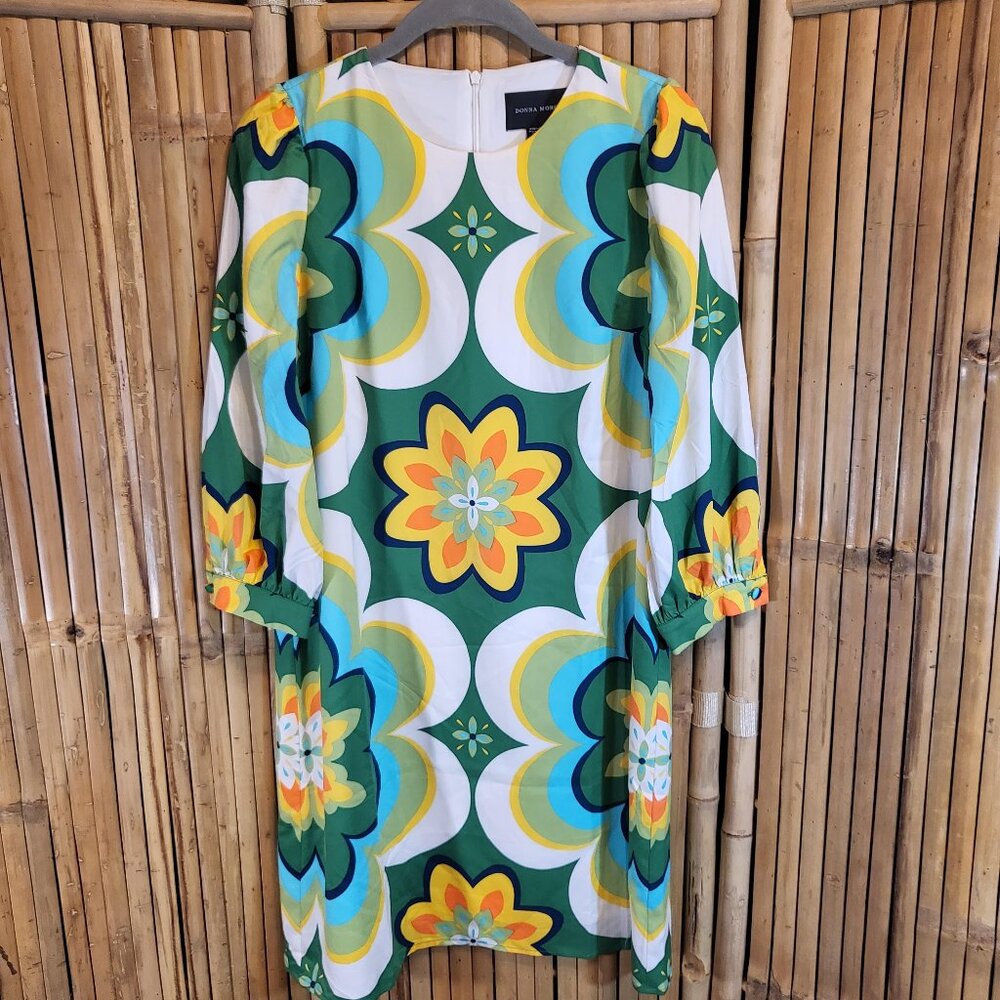 Donna Morgan Twill Printed Mini Shift Dress Size 2 White w/Pattern NEW